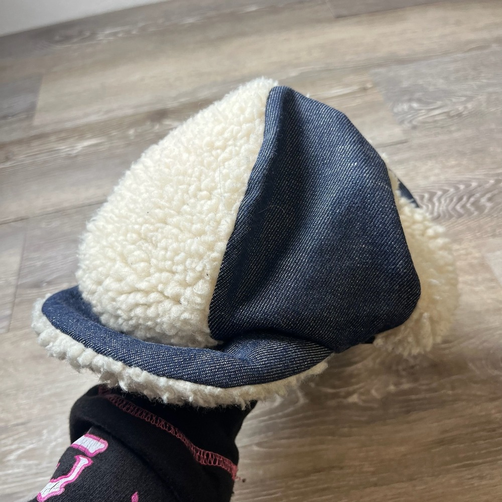 Vintage Trapper Hat Unisex OS Blue Denim Sherpa Fleece Lined Ear Flaps Winter
